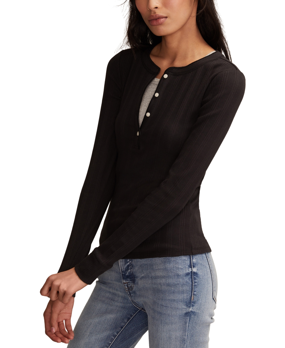 Lucky Brand Women's Long Sleeve Rib Henley Top In Black