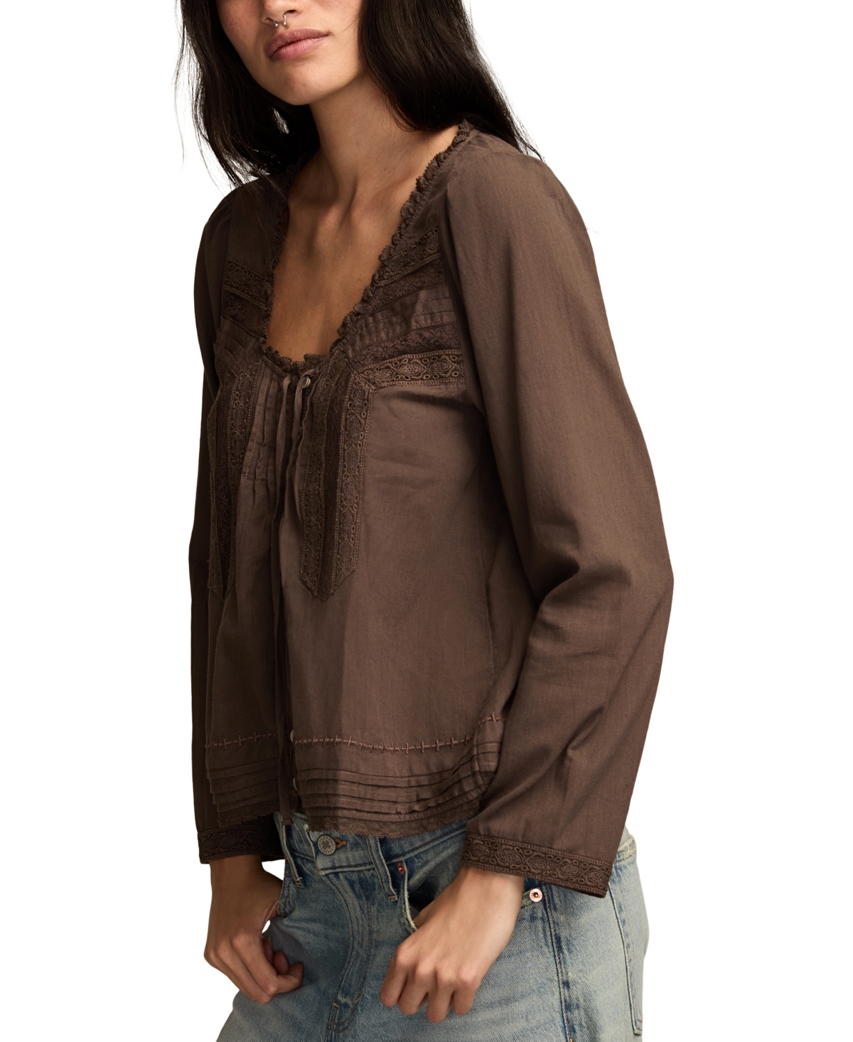 Lucky Brand Women's Long Sleeve Lace Swing Top
