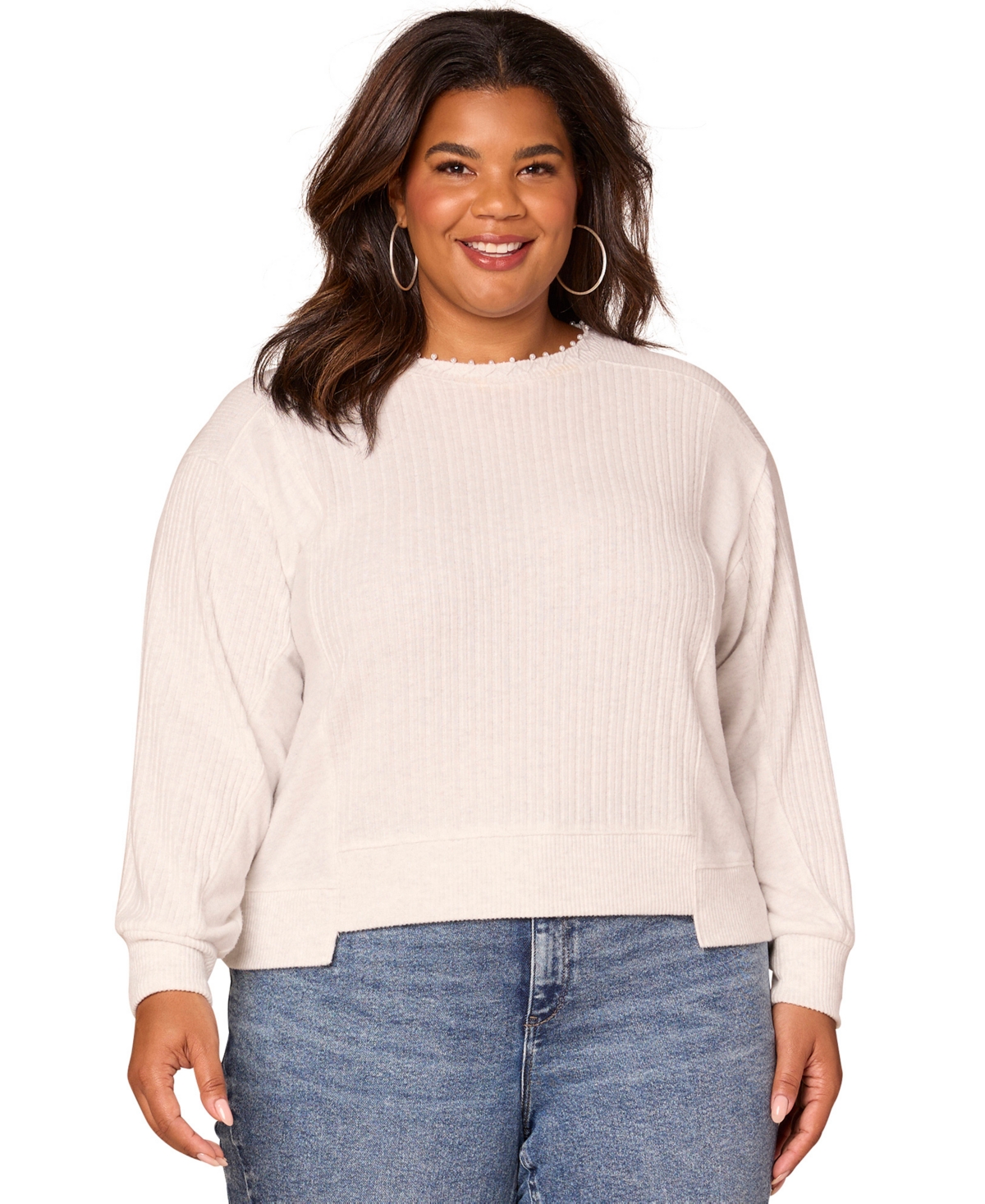 Democracy Plus Size Long Sleeve Crewneck Mixed Media Top In Multi