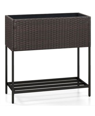 Elevated Planter Box Raised Garden Bed w/ Rattan Surface Bottom Storage Shelf