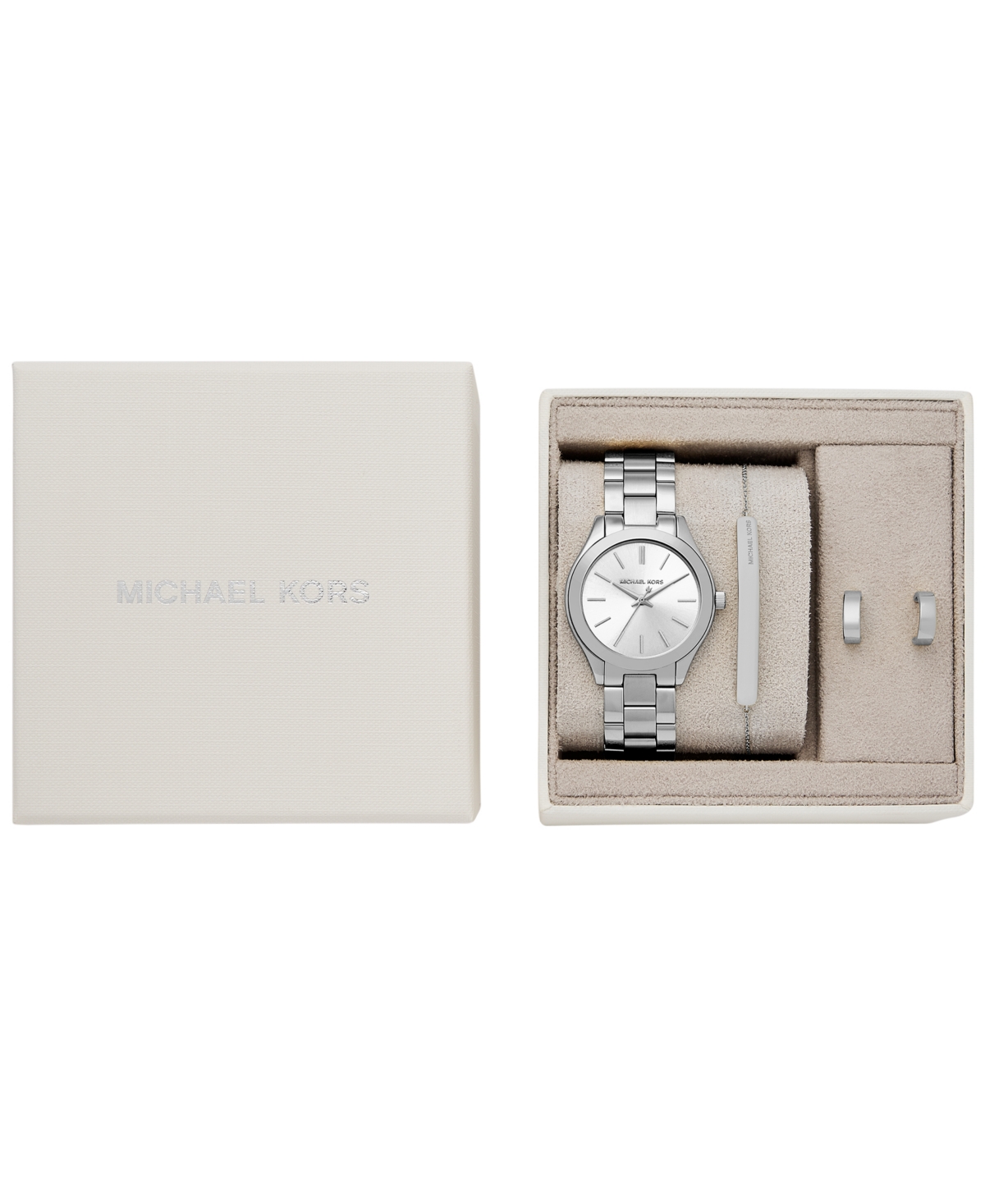 Michael Kors Women'sâ Slim Runway Three-hand Silver-tone Stainless Steel Watch And Jewelry Set, 32mm In Metallic