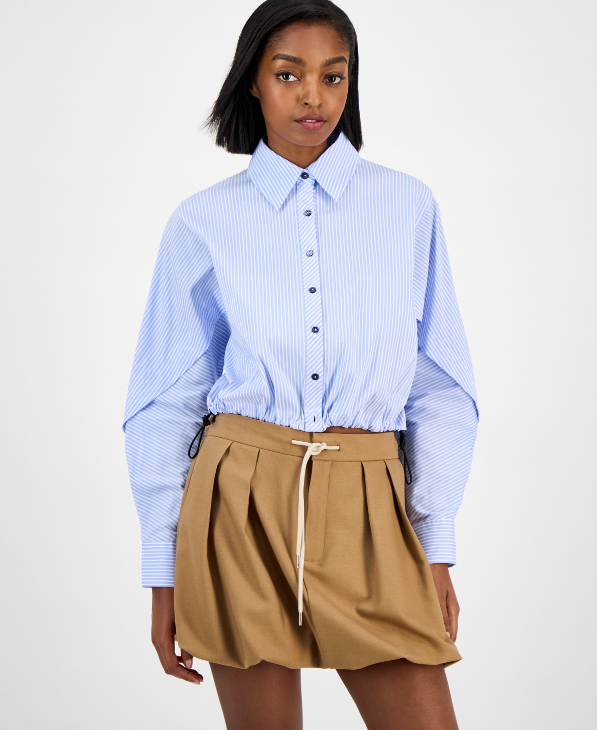 Bar Iii Women's Collared Button-front Cropped Shirt, Macy's Exclusive In Blue