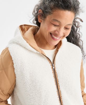Petite Mixed Media Hooded Sherpa Jacket, Macy's Exclusive