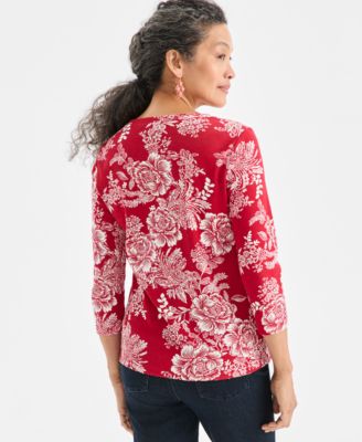 Petite Holiday Floral 3/4-Sleeve Henley Tee, Macy's Exclusive