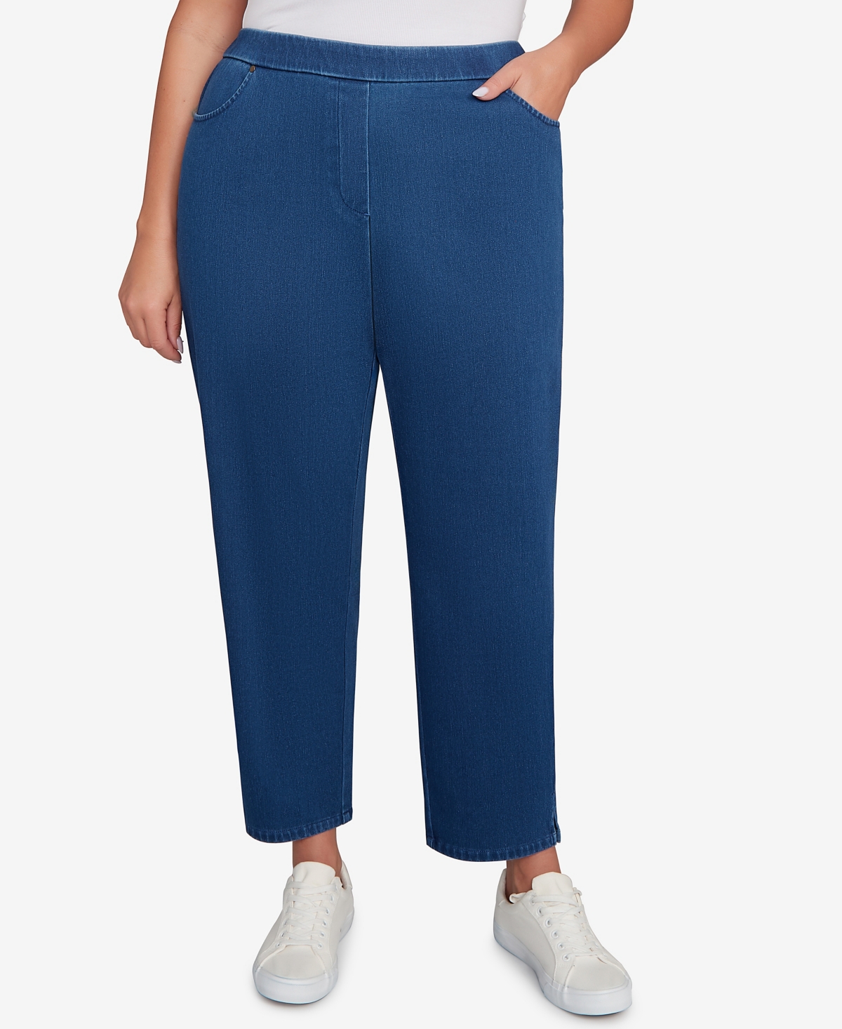 Alfred Dunner Plus Size Sunset Canyon Denim Knit Medium Length Split Hem Jeans In Blue