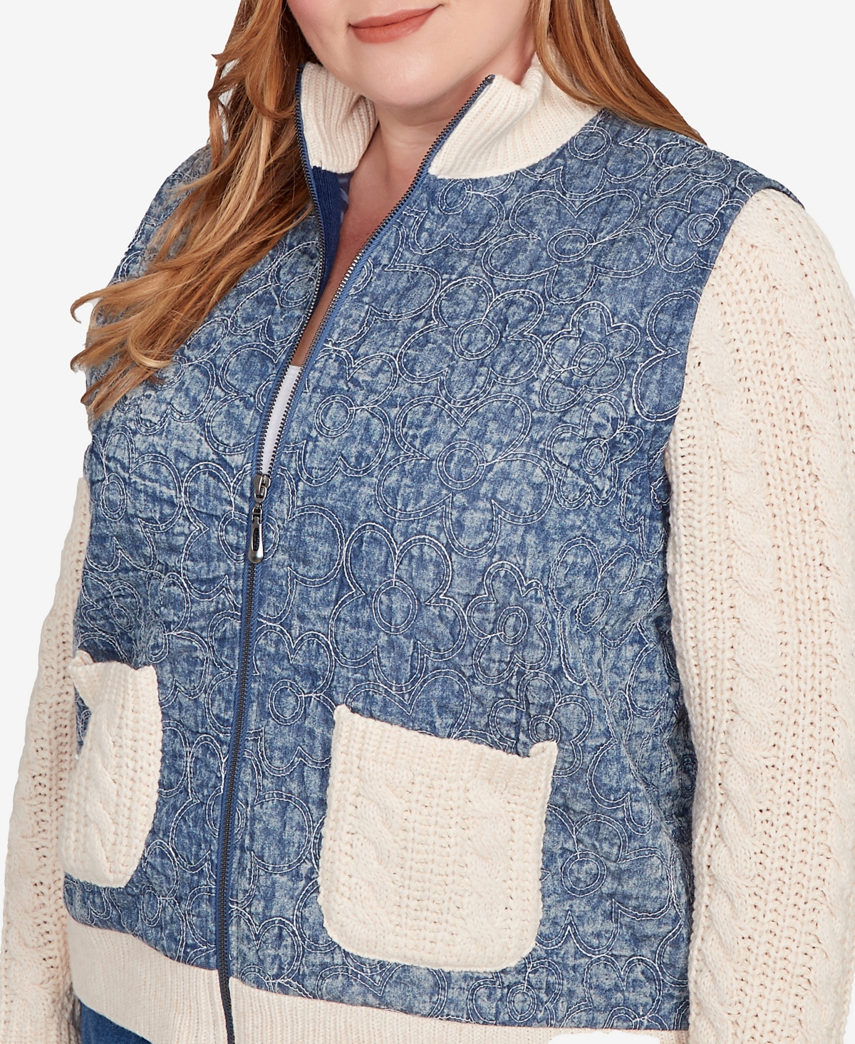 Alfred Dunner Plus Size Sunset Canyon Sweater Ribbed Quilted Jacket In Blue