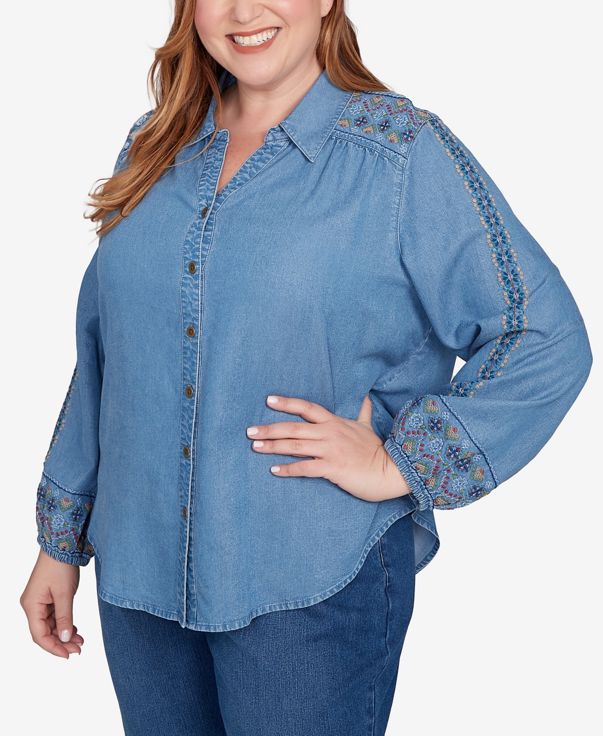 Alfred Dunner Plus Size Sunset Canyon Needlepoint Embroidered Button Front Top In Blue