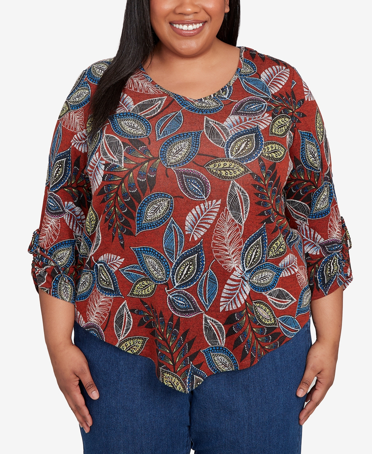 Alfred Dunner Plus Size Sunset Canyon Batik Leaves Melange Asymmetrical Top In Brown