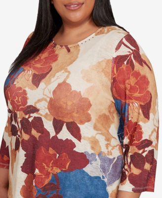 Plus Size Sunset Canyon Dramatic Abstract Floral Asymmetrical Top