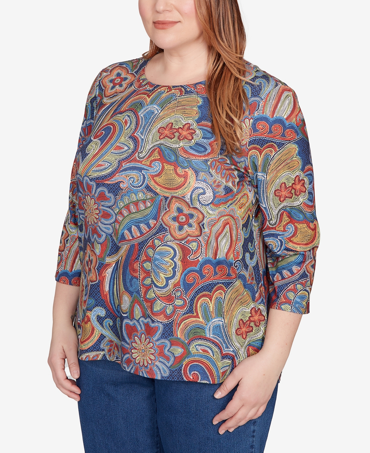 Alfred Dunner Plus Size Sunset Canyon Stitched Floral Pleated Neck Top In Animal Print