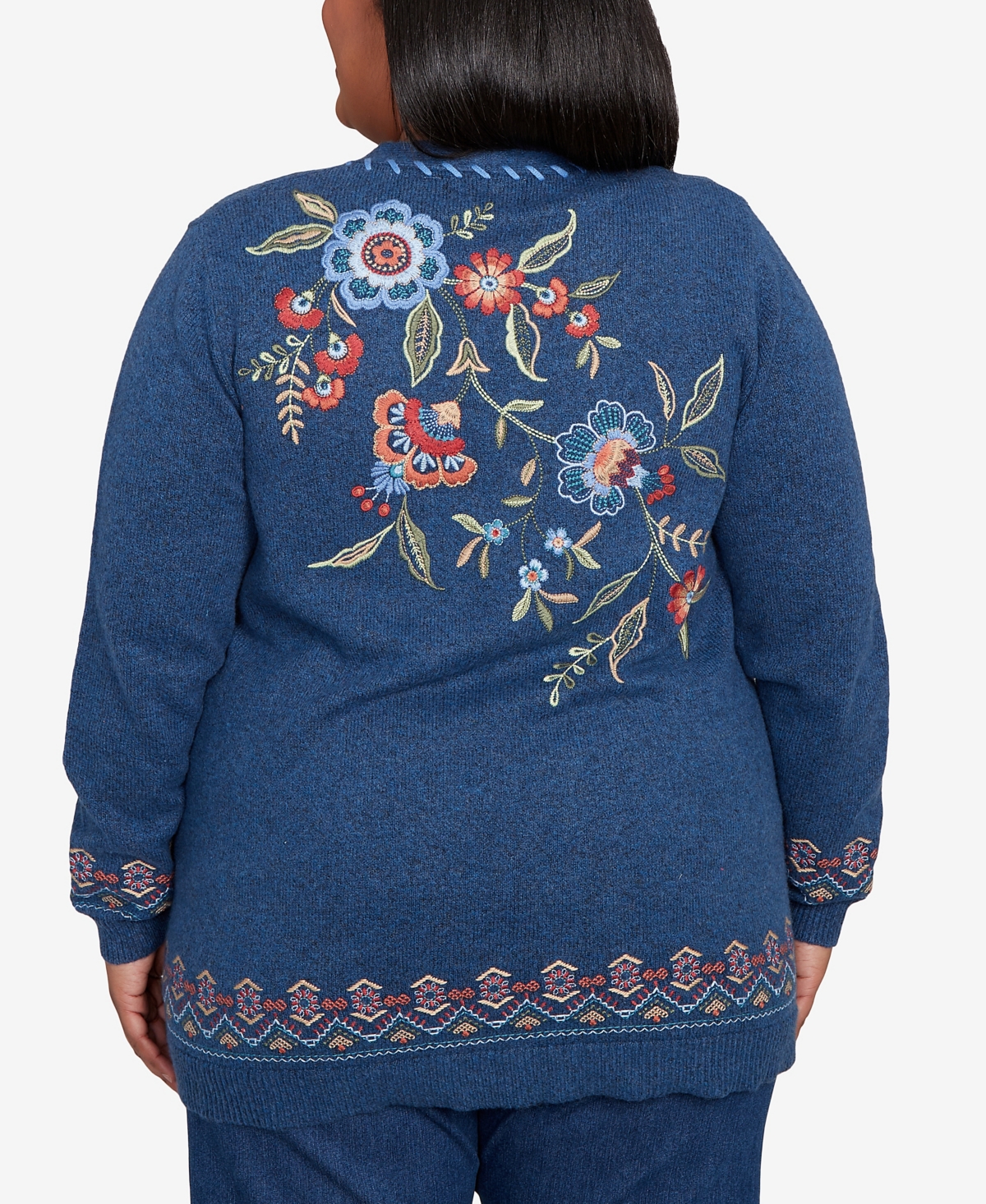 Alfred Dunner Plus Size Sunset Canyon Embroidered Flower Long Sleeve Cardigan Sweater In Blue