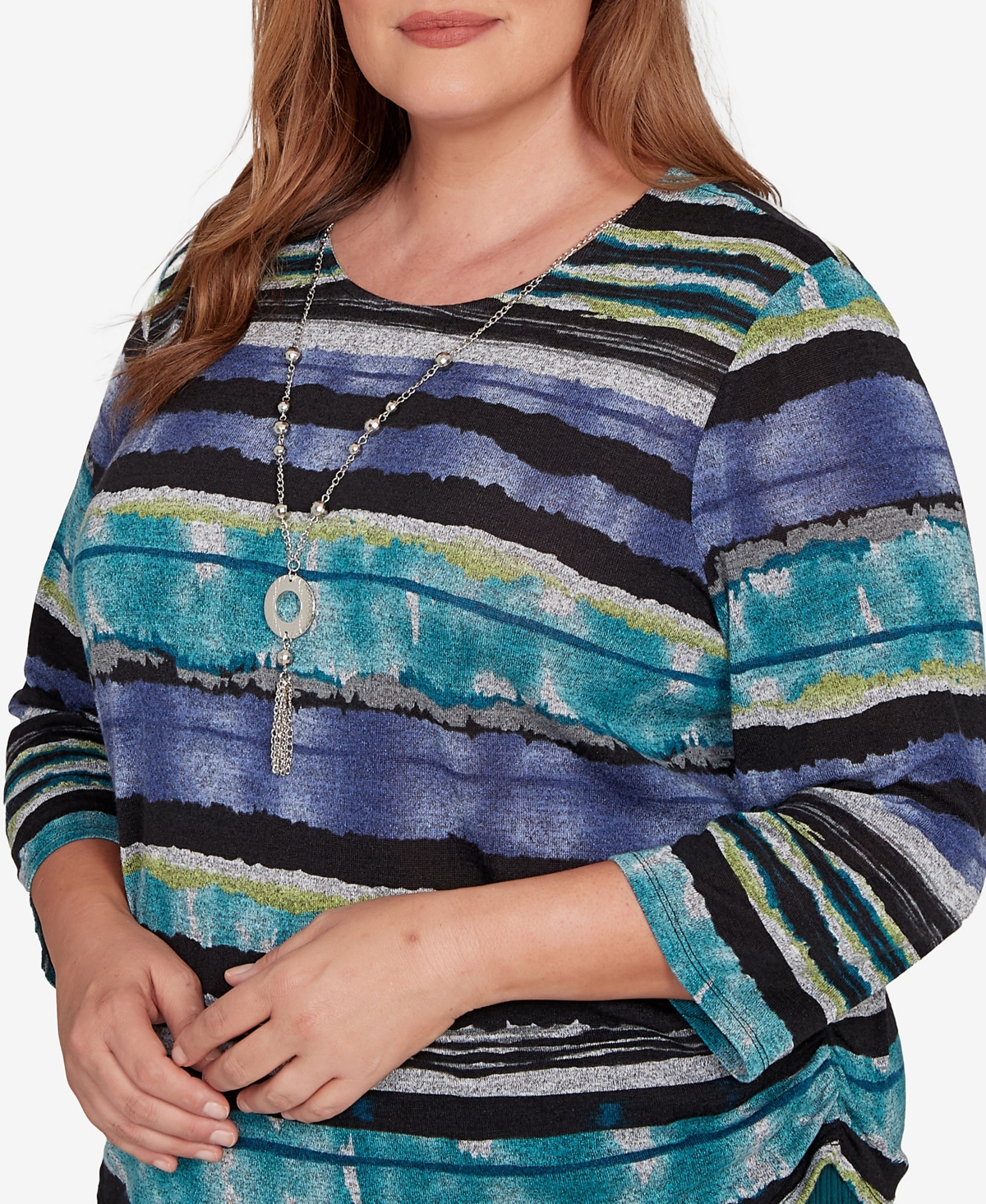 Alfred Dunner Plus Size Lake Champlain Biadere Melange Stripe Top With Necklace In Blue