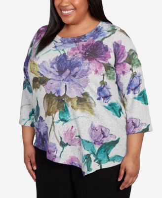 Plus Size Lake Champlain Asymmetrical Watercolor Flower Top