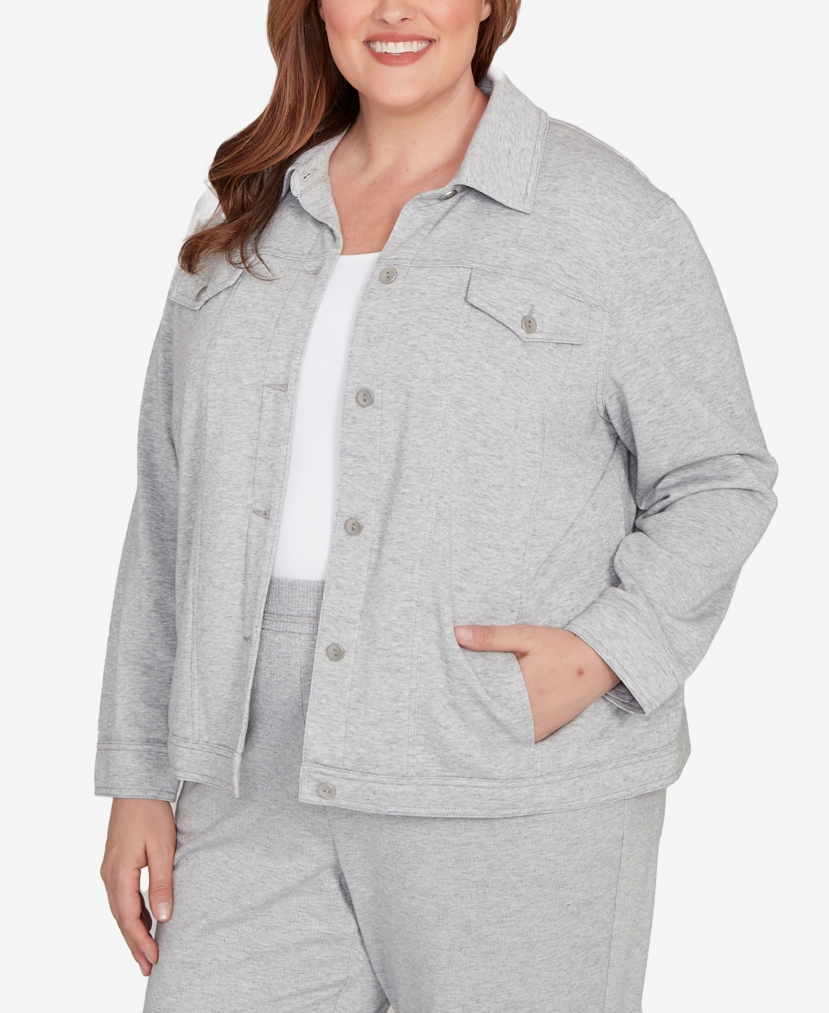 Alfred Dunner Plus Size Casual Vibe Shimmer Collared Button Jacket In Green