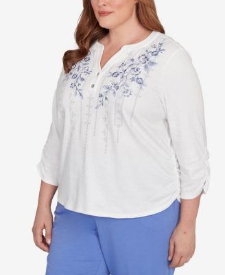 Plus Size Casual Vibe Geometric Floral Ruched Henley Top