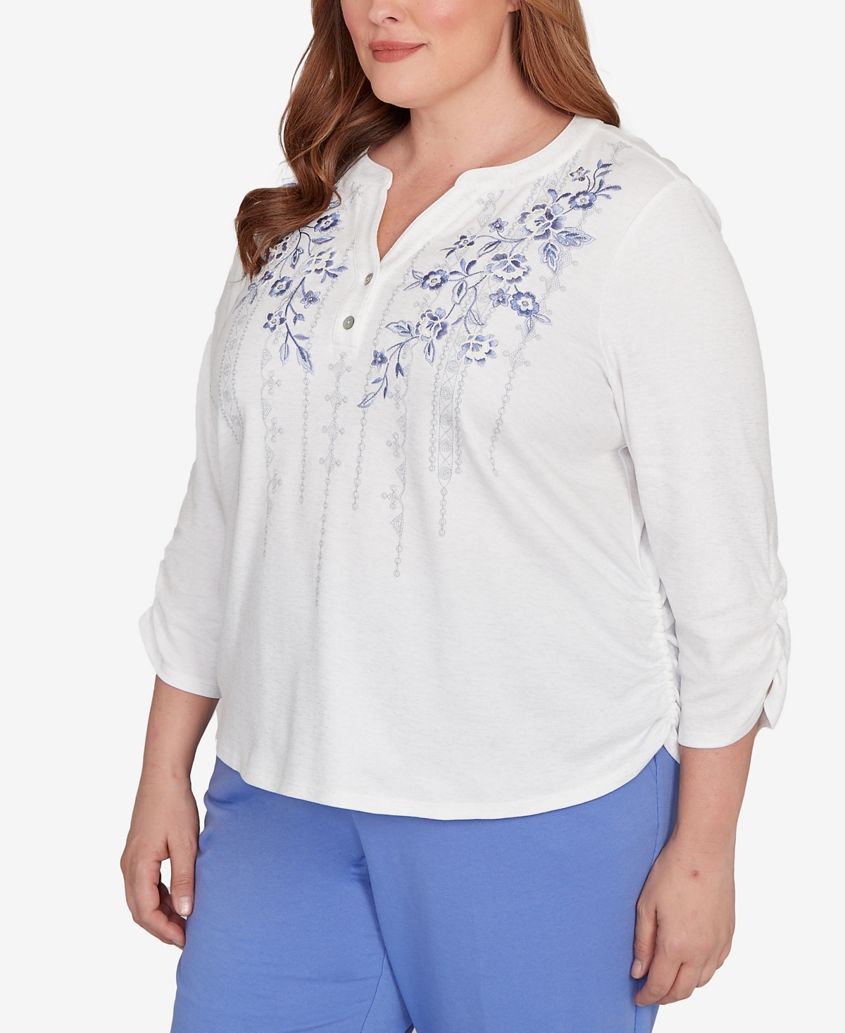 Alfred Dunner Plus Size Casual Vibe Geometric Floral Ruched Henley Top In White