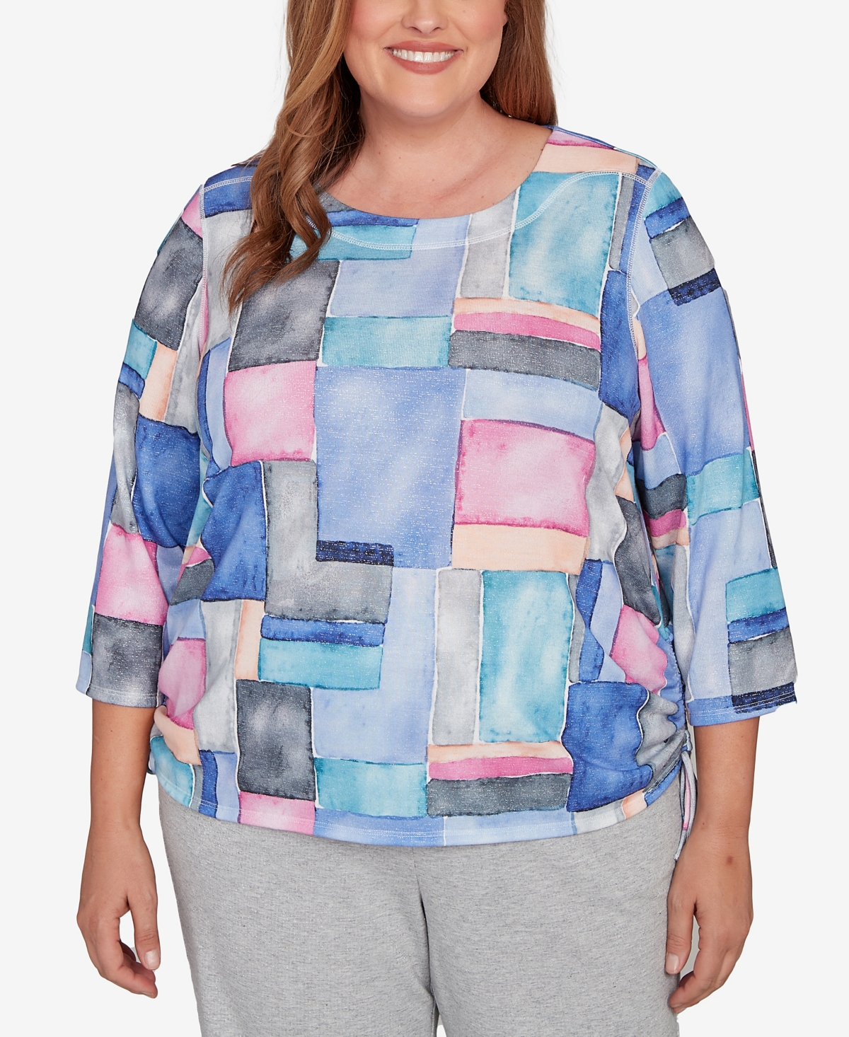 Alfred Dunner Plus Size Casual Vibe Tie Side Ruched Colorblock Top In Multi
