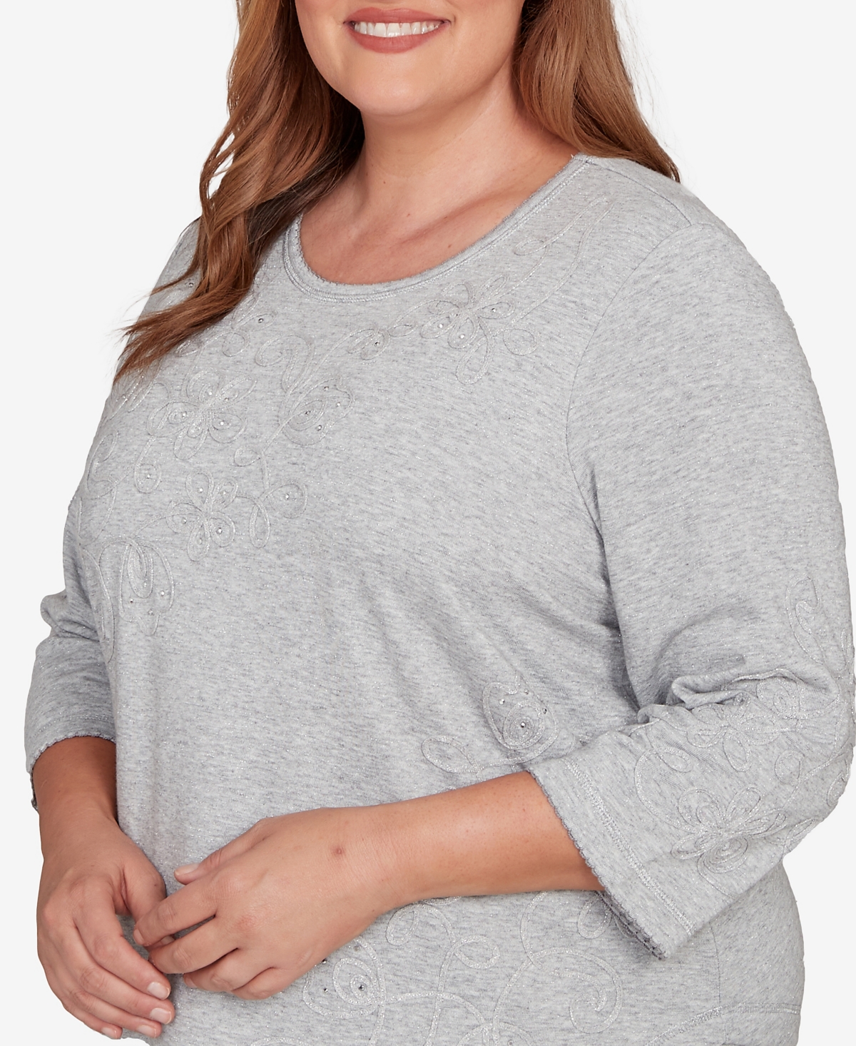 Alfred Dunner Plus Size Casual Vibe Asymmetrical Floral Embroidered Detail Top In Gray