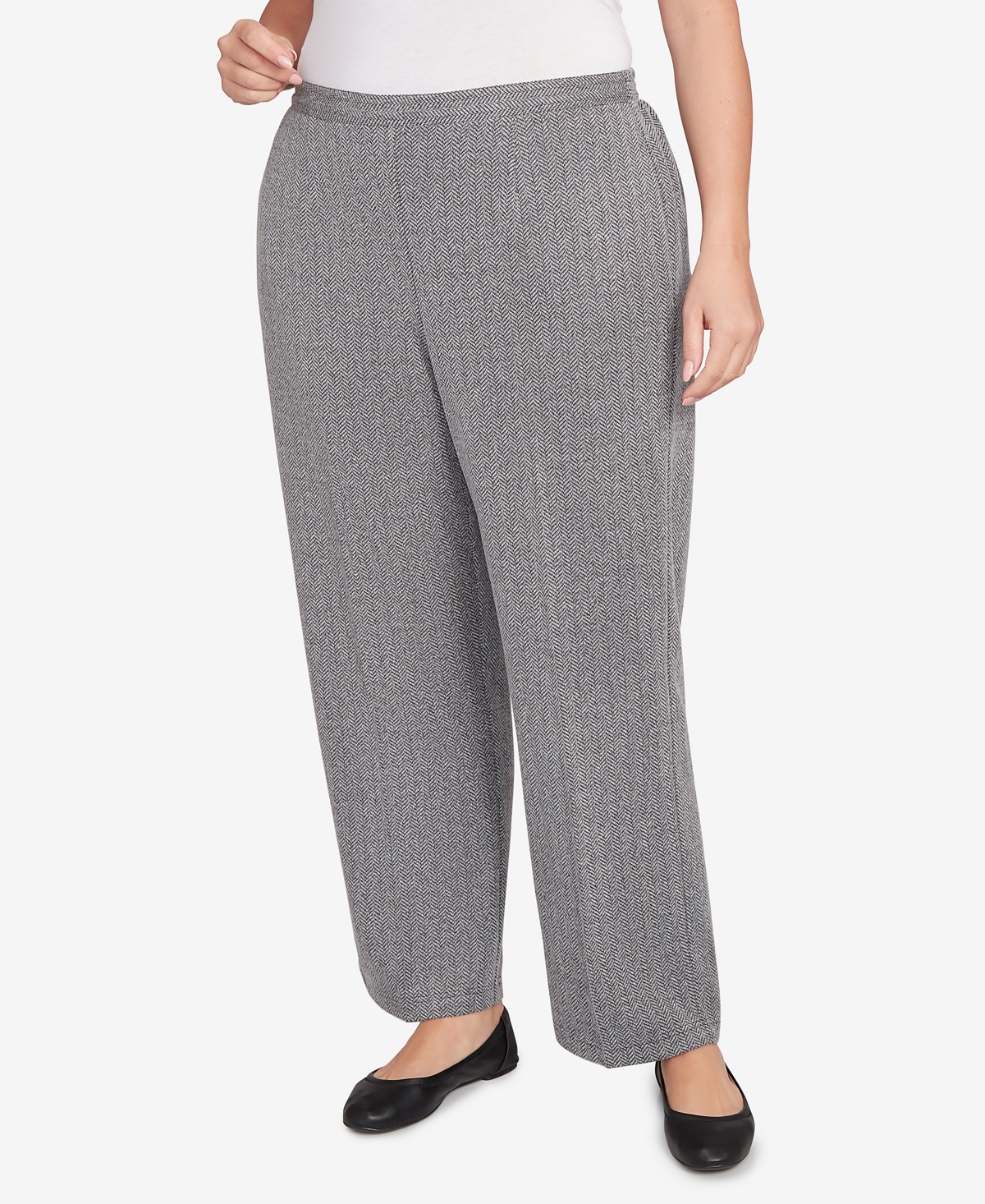 Alfred Dunner Plus Size Jet Setter Herringbone Knit Medium Length Pants In Gray