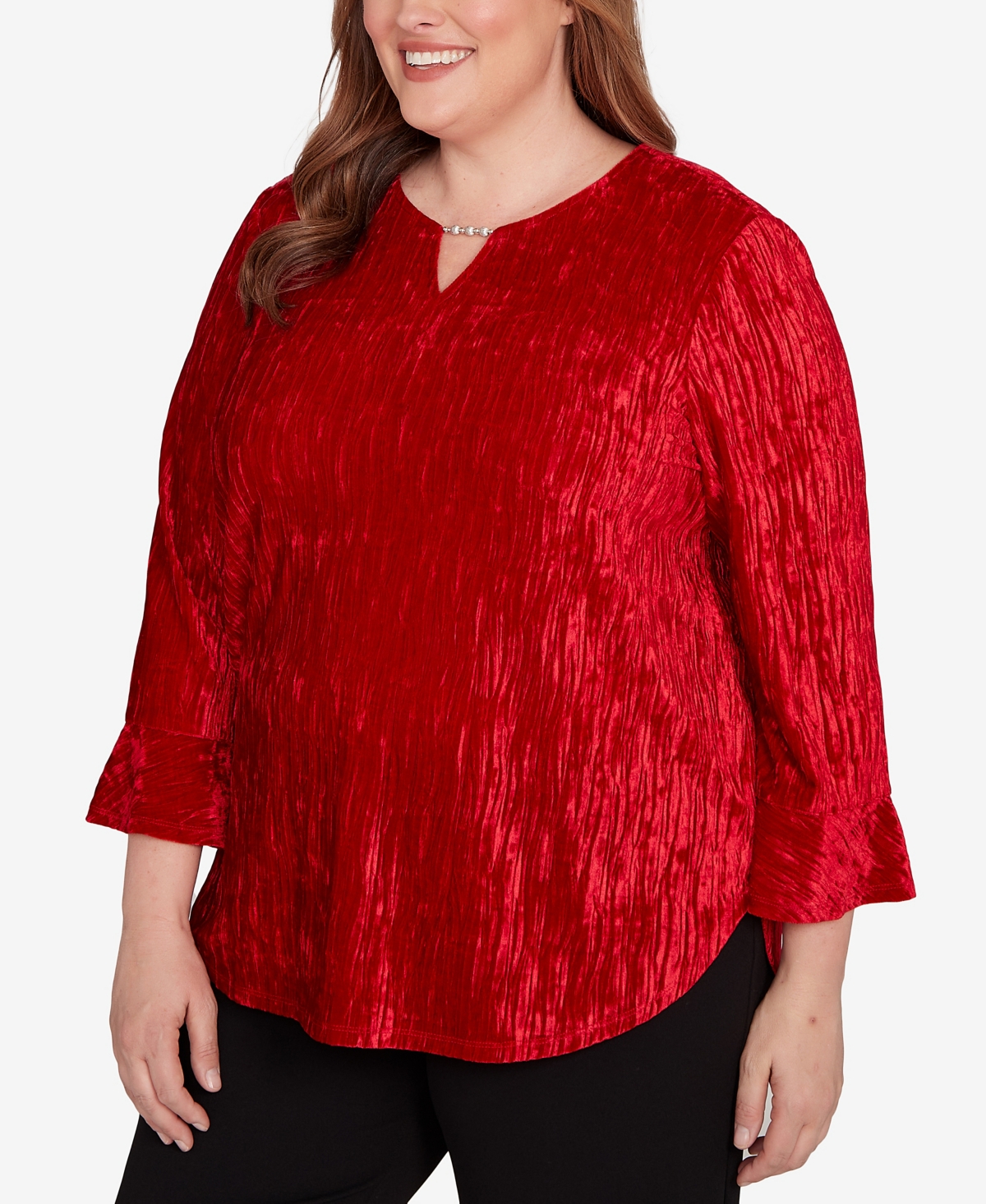 Alfred Dunner Plus Size Jet Setter Crushed Velvet Henley Tie Sleeve Top In Red
