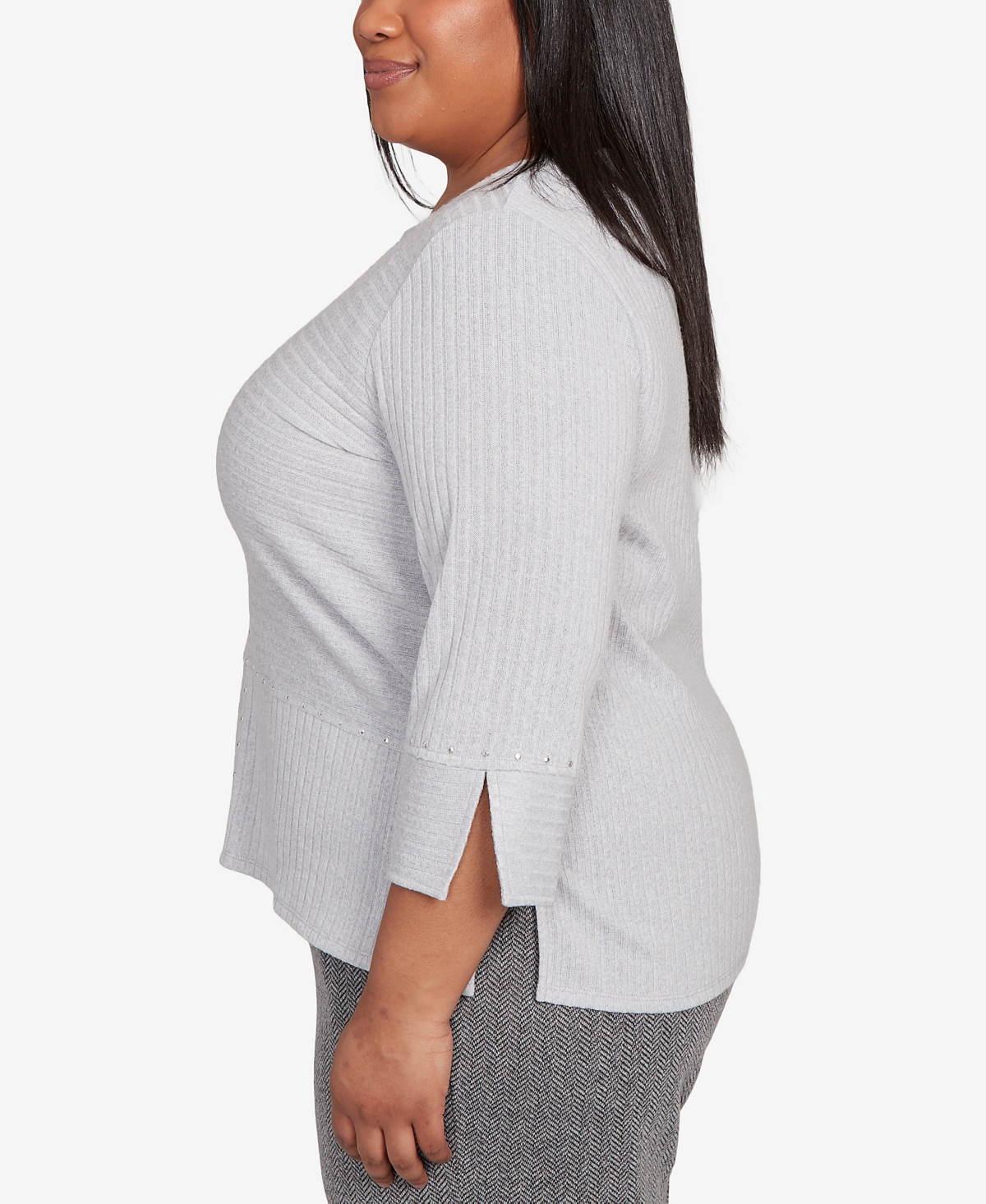 Alfred Dunner Plus Jet Setter Heat Set Embellished Solid Knit Top
