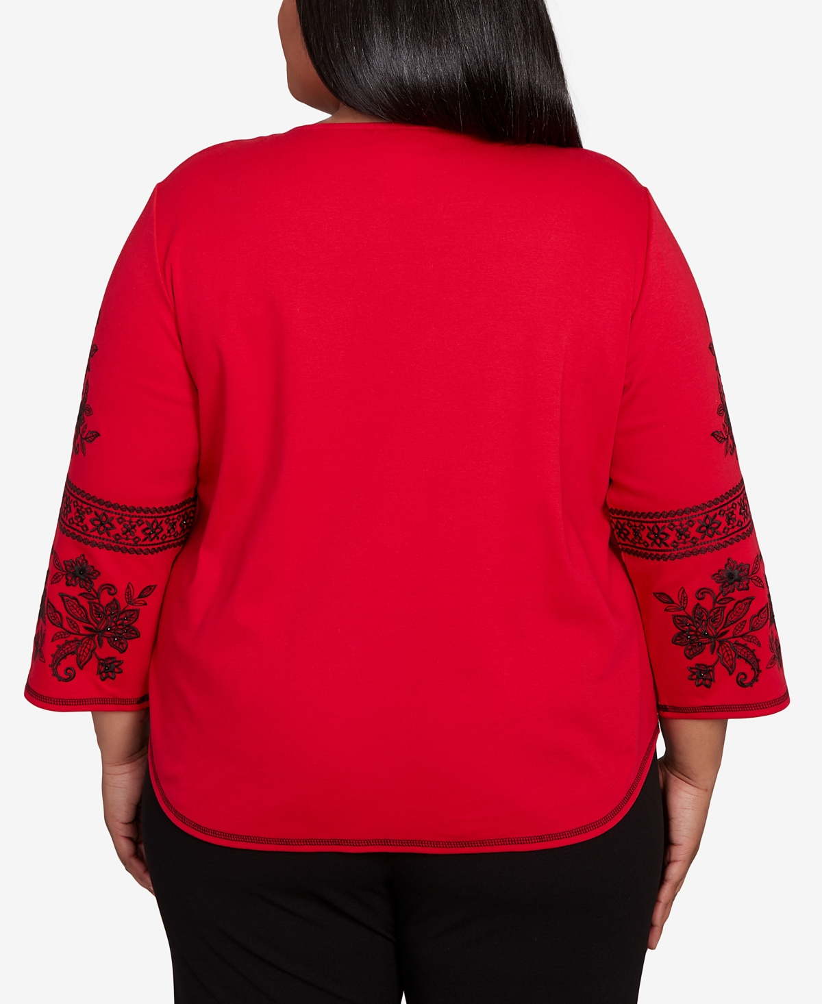 Alfred Dunner Plus Size Jet Setter Knit Embroidered Sleeve Beaded Split Neck Top In Red
