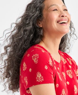 Petite Short Sleeve Holiday Damask Printed T-shirt, Macy's Exclusive