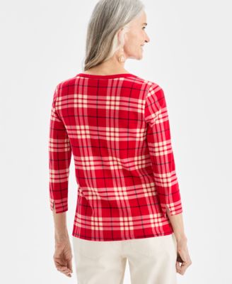 Women's Plaid Pima Cotton 3/4 Sleeve Boat-Neck Top, Macy's Exclusive