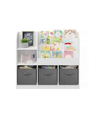 36 in. Wide White/Gray Multifunctional Kids Bookcase and Bookshelf with 3 Collapsible Fabric Drawers Bookcase Display Stand