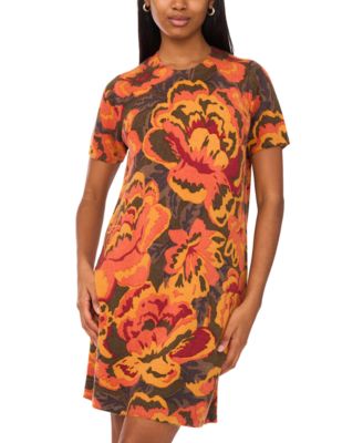 Petite Short Sleeves Printed Sweater Shift Dress