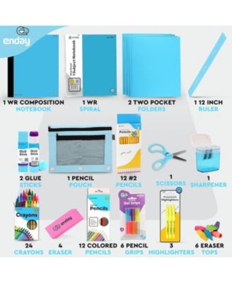 School Supplies Kit for Grades K–5 – 71 Items: Composition Notebook Subject Notebook, Pencils, Folders Colored Pencils, Crayons, Scissors, Glue & More