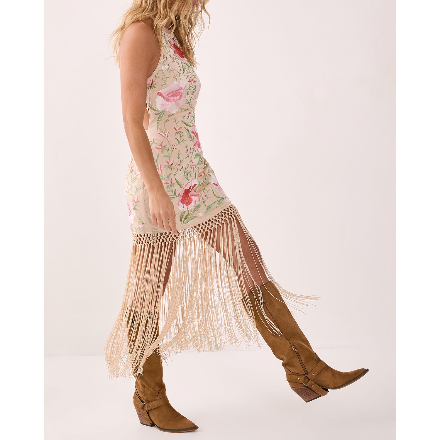 Women's Beaded Halter Fringe Mini Dress