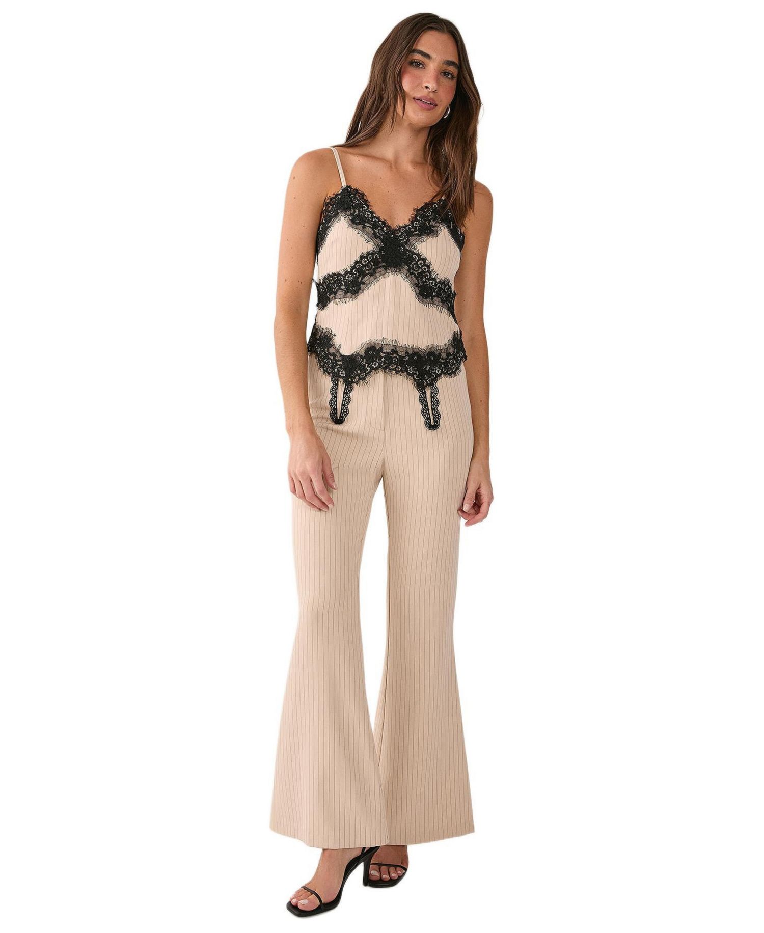 Women's Pinstripe Lace Trim Tailored Strappy Top