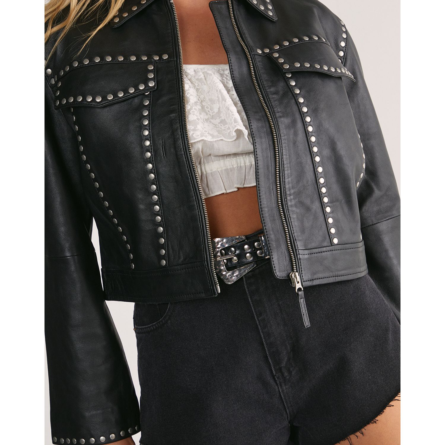 Women's Leather Studded Cropped Jacket