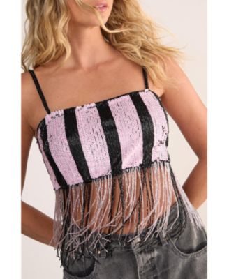 Women's Stripe Sequin Tassel Crop Top