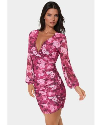 Women's Long Sleeve Faux Wrap Ruched Mini Dress