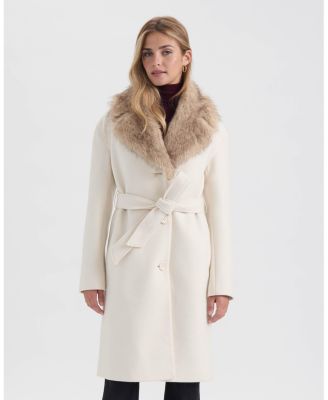 Women's Long Faux Wool Coat with Detachable Faux Fur Collar