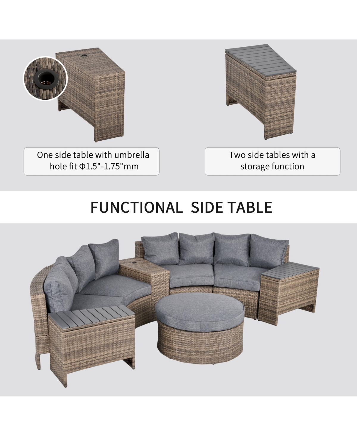Outsunny 8pc Half Round Patio Rat Sofa Furniture Set w/ Side Tables,