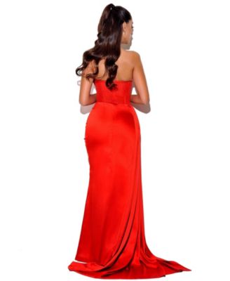 Women Holly Red Crystallized Corset High Slit Satin Gown