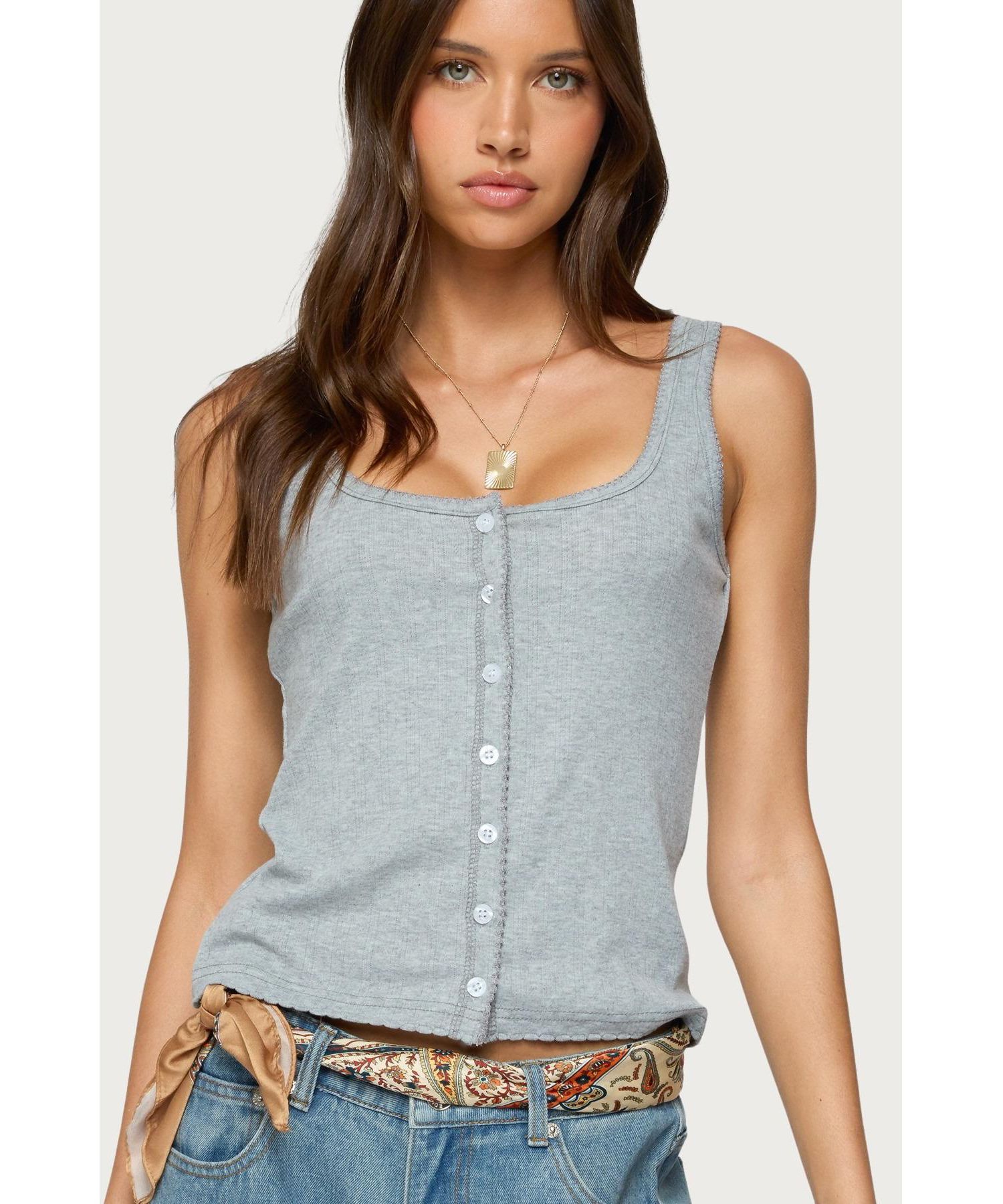 Womens Gwenne Pointelle Button Up Tank Top