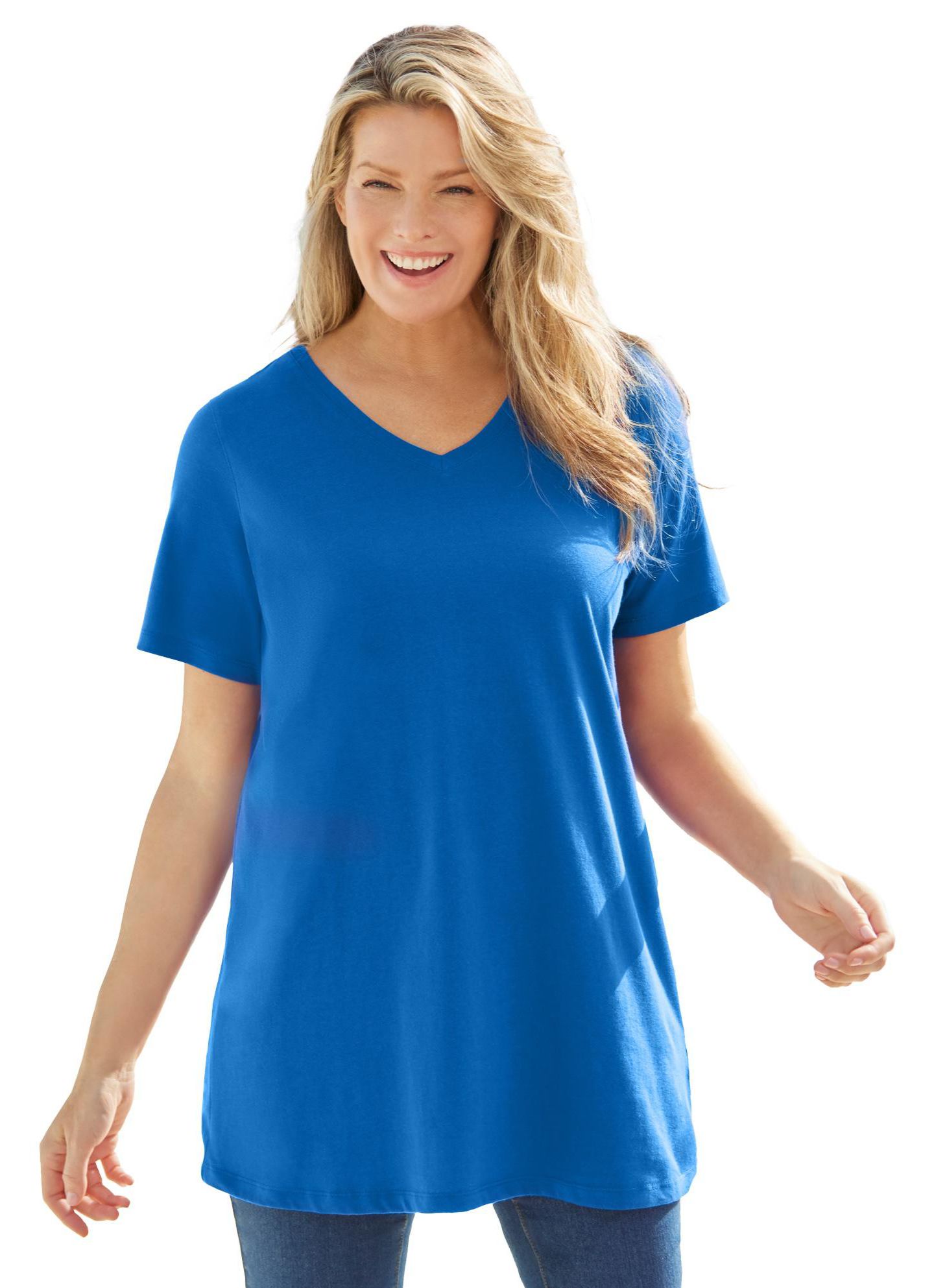 Женский топ Woman Within Within Perfect Short-Sleeve V-Neck Tunic, цвет: Яркий кобальтовый — фото 1