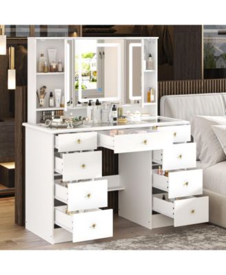 White Makeup Vanity Desk 9 Drawers Wood Dressing Table With 3 Mirrors, Glass Top, Hidden Storage Shelves, LED Lighted