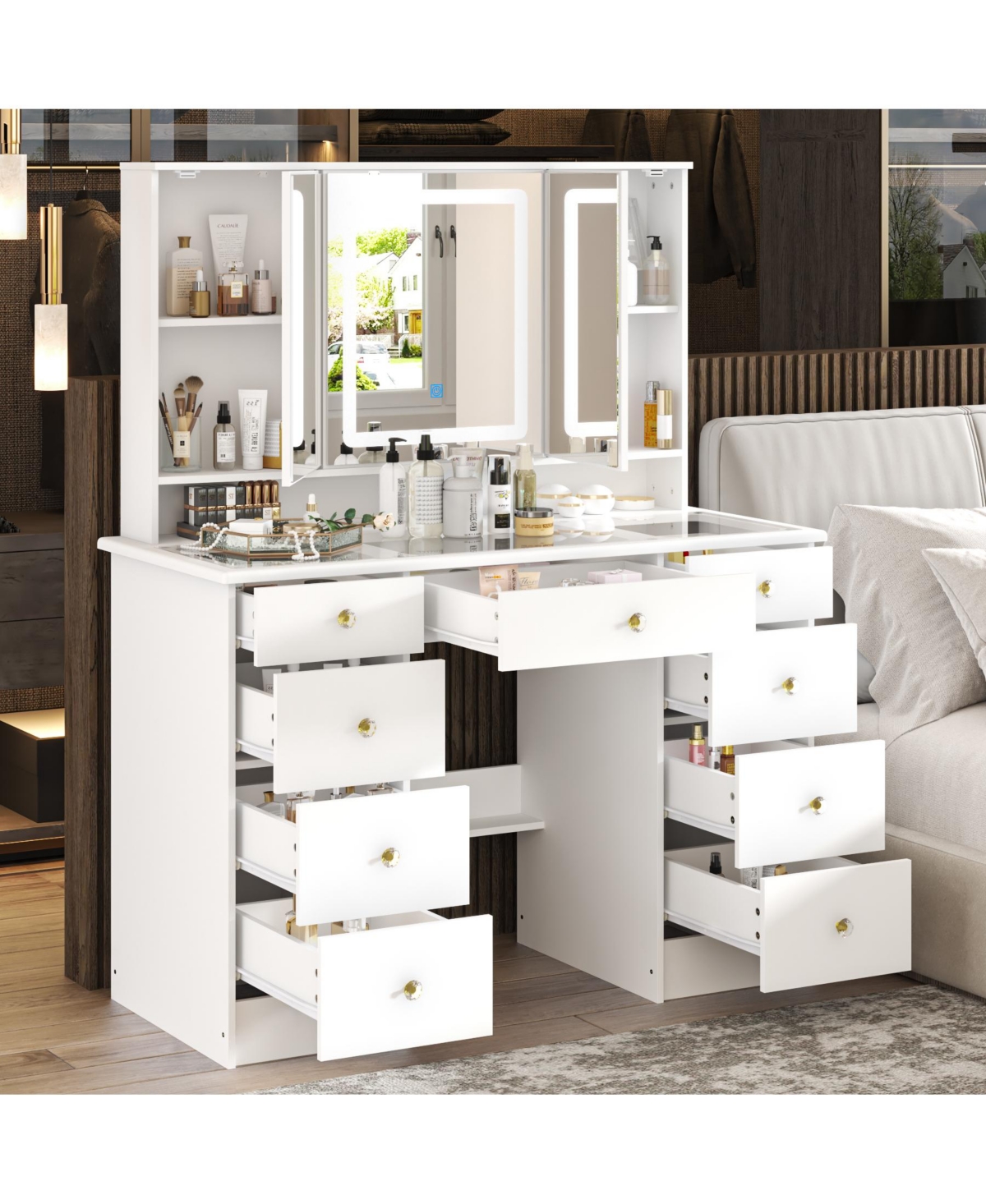 Homsee Glass Top 9-Drawers and 3-Mirrors Makeup Vanity Desk ,Dressing Table , Hidden Storage Shelves, Led Lighted