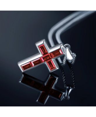 Men's Stone Cross Pendant - Red - Silver Necklace