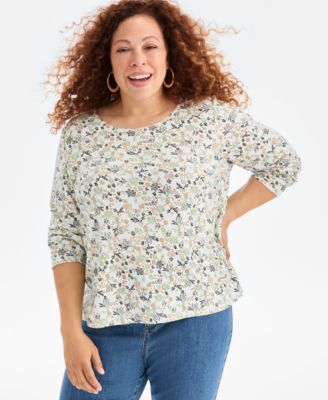 Style & Co - Plus Size Scoop-Neck Long-Sleeve Cotton Top