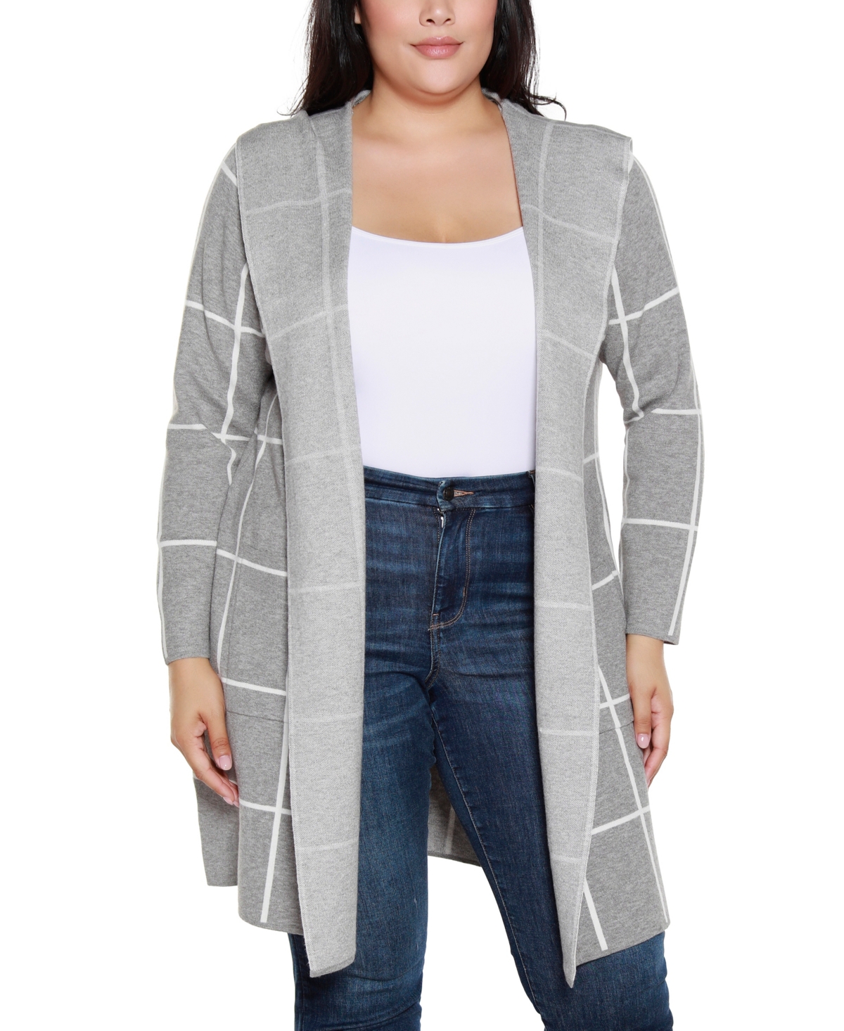 Belldini Plus Size Hooded Windowpane Plaid Cardigan Sweater In Gray