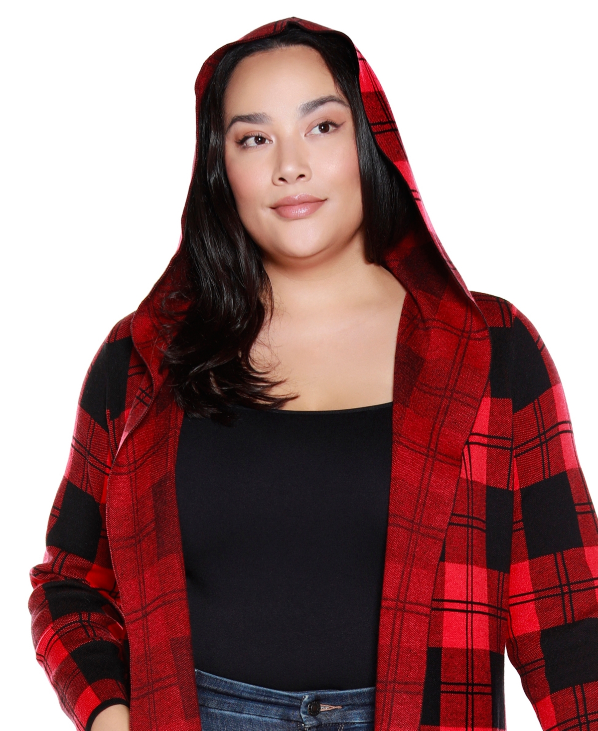Belldini Plus Size Hooded Checkered Plaid Cardigan Sweater In Multi