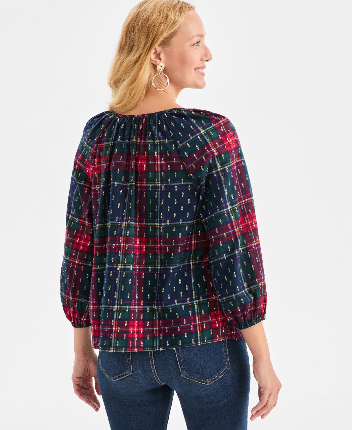 Style & Co Women's Plaid 3/4 Sleeve Split Neck Top With Lurex, Macy's Exclusive In Multi