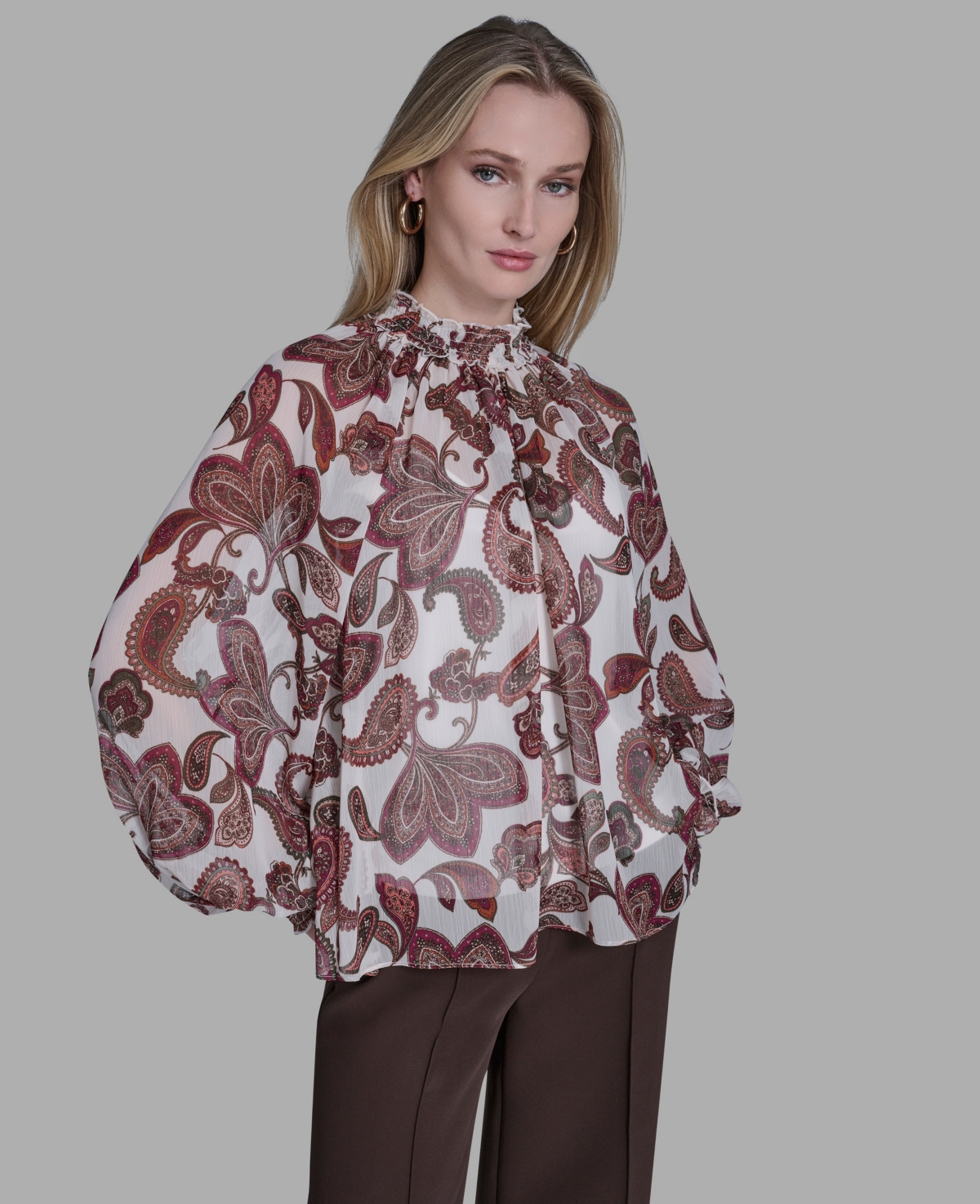 Bcbg Women's Smocked High Neck Top In Brown