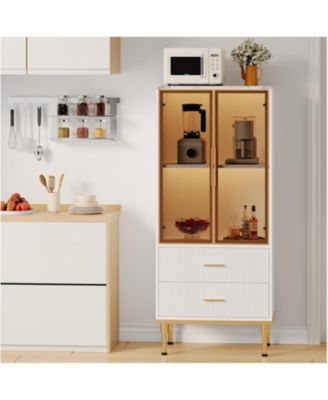 Fluted Glass Door Storage Cabinet w/Adjustable Shelves & 2 Drawers | White Contemporary Display Unit for Kitchen Pantry or Living Room Storage 